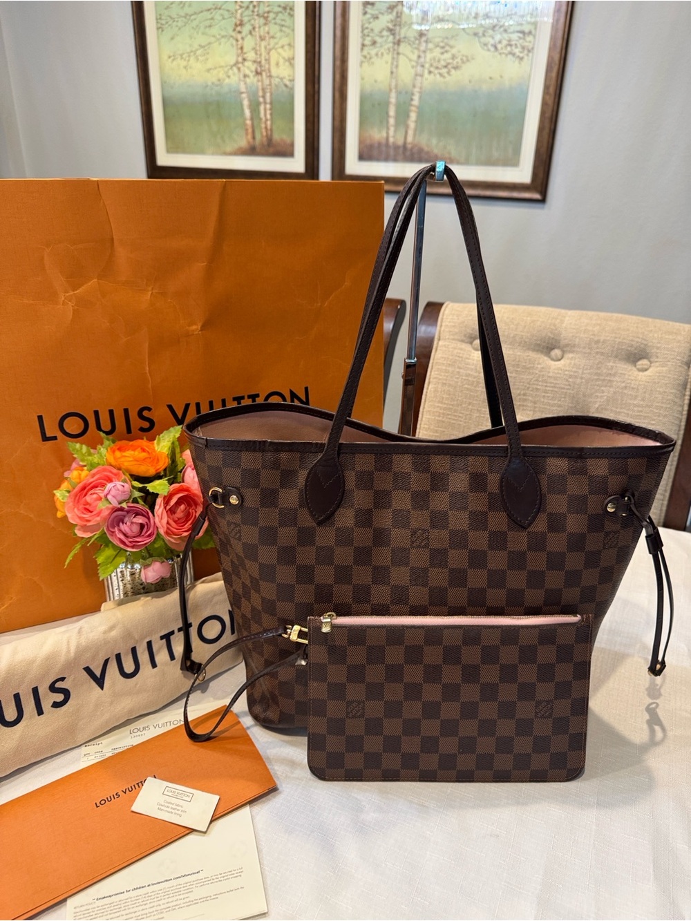 Authentic Louis Vuitton Damier Ebene Neverfull MM with Pouch